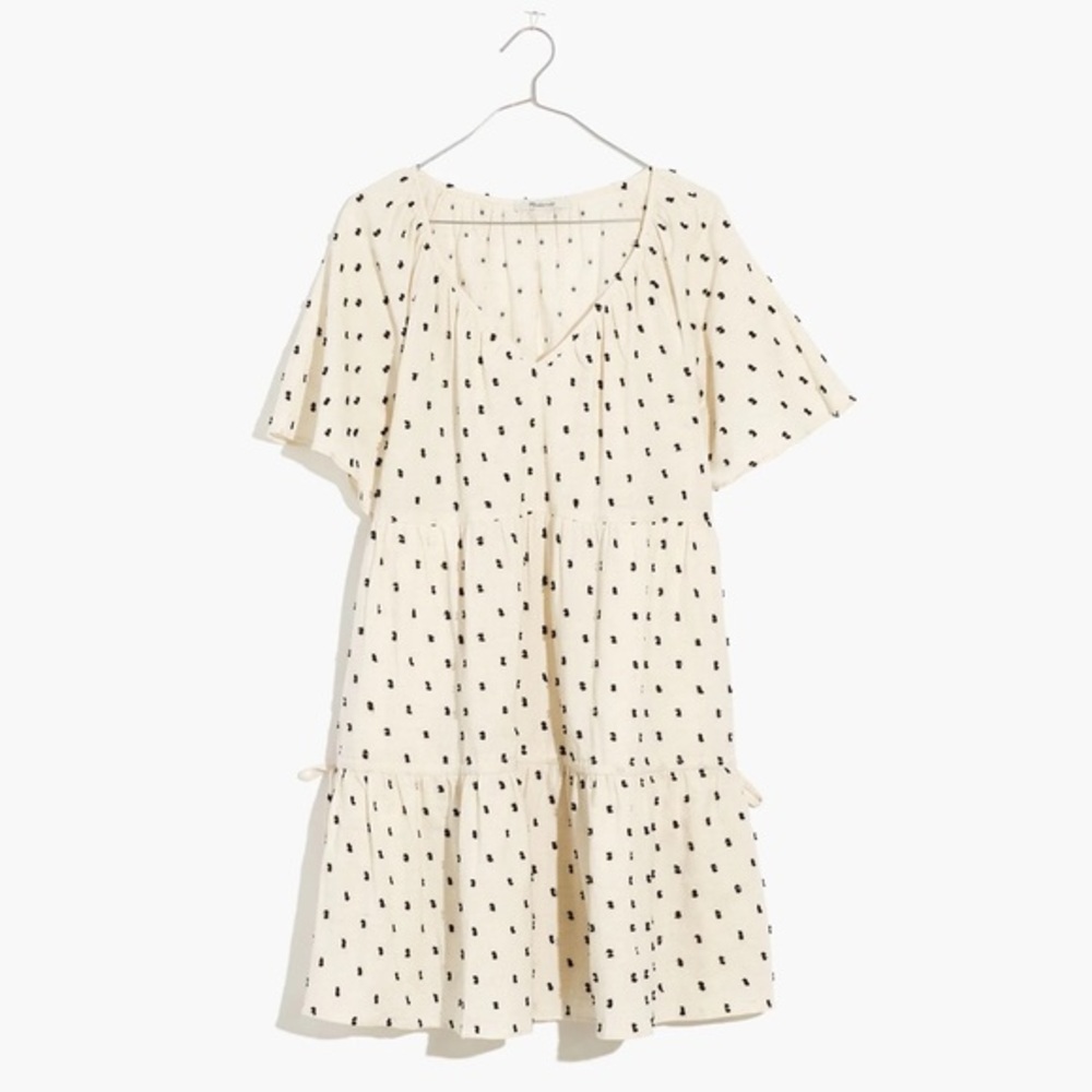 Madewell XS Linen Blend Clipped Dot Tiered‎ Flowy Mini Dress Cream Black